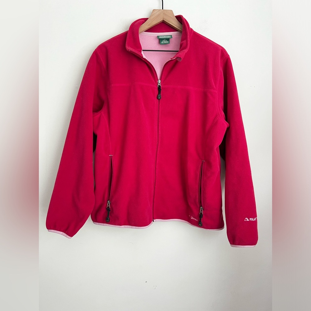 LL Bean Women Pink Red Fleece Full Zip Polartec Jacket Waterproof 0AFX1 L